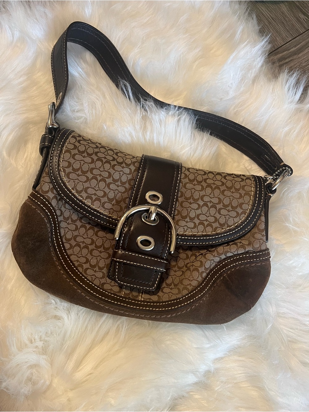 Coach Brown Logo Canvas and Dark Brown Leather Shoulder Bag